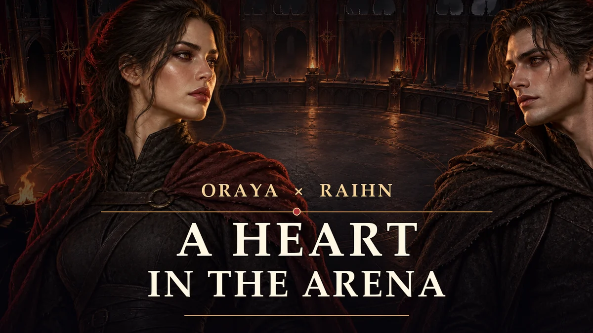 The original A Heart in the Arena thumbnail: Oraya and Raihn face one another across a torchlit arena, with the song title below.