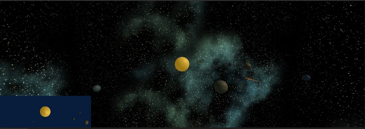 Planets and a yellow sun against a star field, with a small secondary view in the lower-left corner.