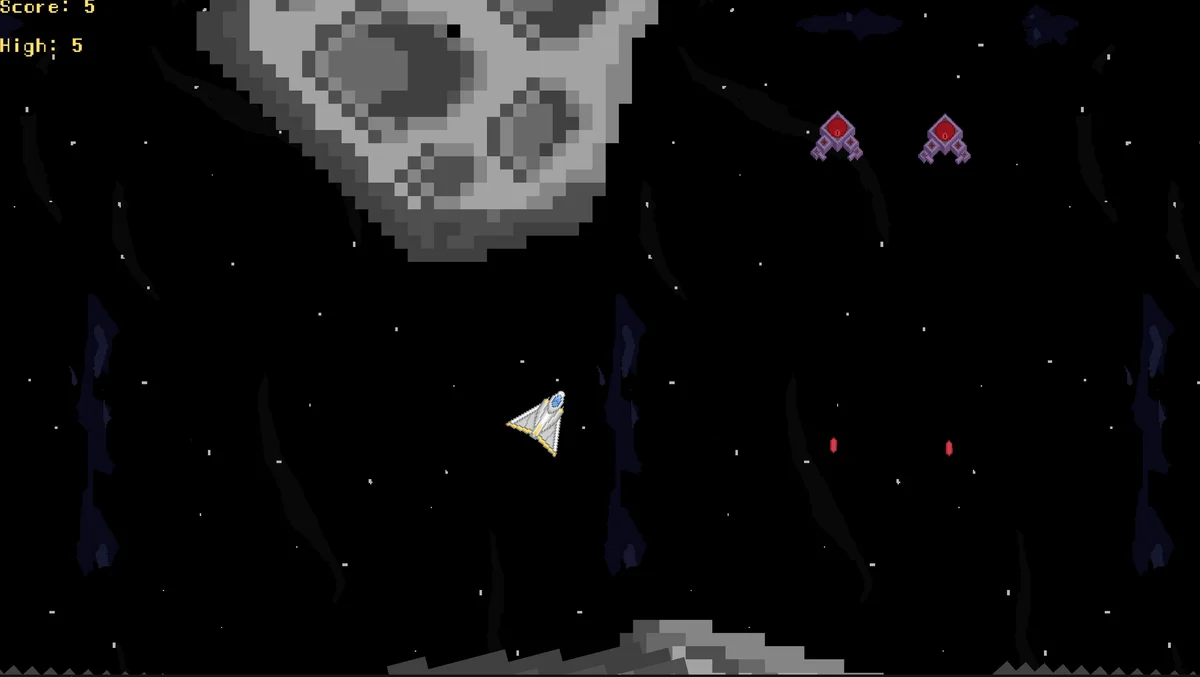 A small spacecraft faces enemy ships and a large asteroid in Watch Out!'s dark star field.