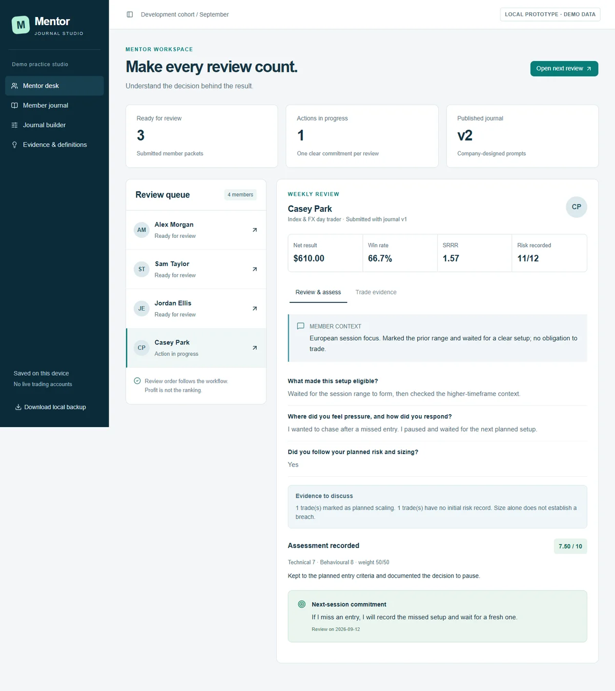 The fictional Casey Park review in Mentor Journal Studio, with separate process scores and a next-session practice commitment; the screen is labelled demo data.