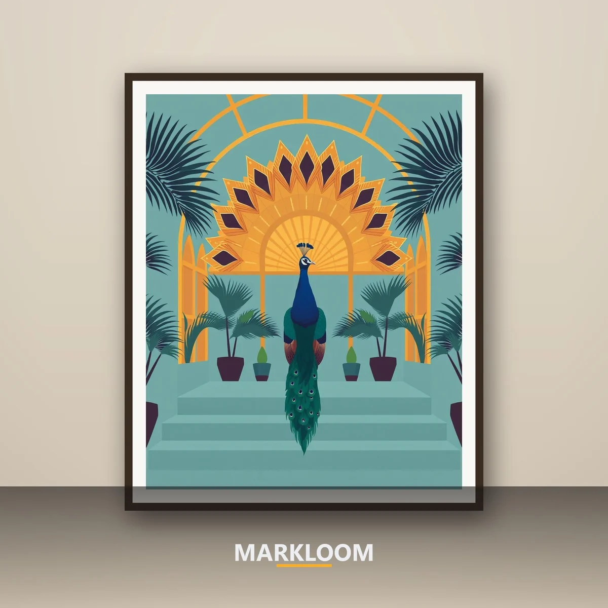 Markloom’s published product image: a framed teal and gold peacock illustration in a stepped Art Deco glasshouse, with the Markloom wordmark below.